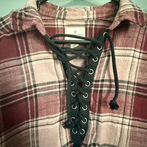 American Eagle Outfitters Burgundy and Beige Plaid Shirt - Picture 2 of 7
